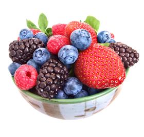Image of a bowl of berries, including raspberries, strawberries, blackberries, blueberries.